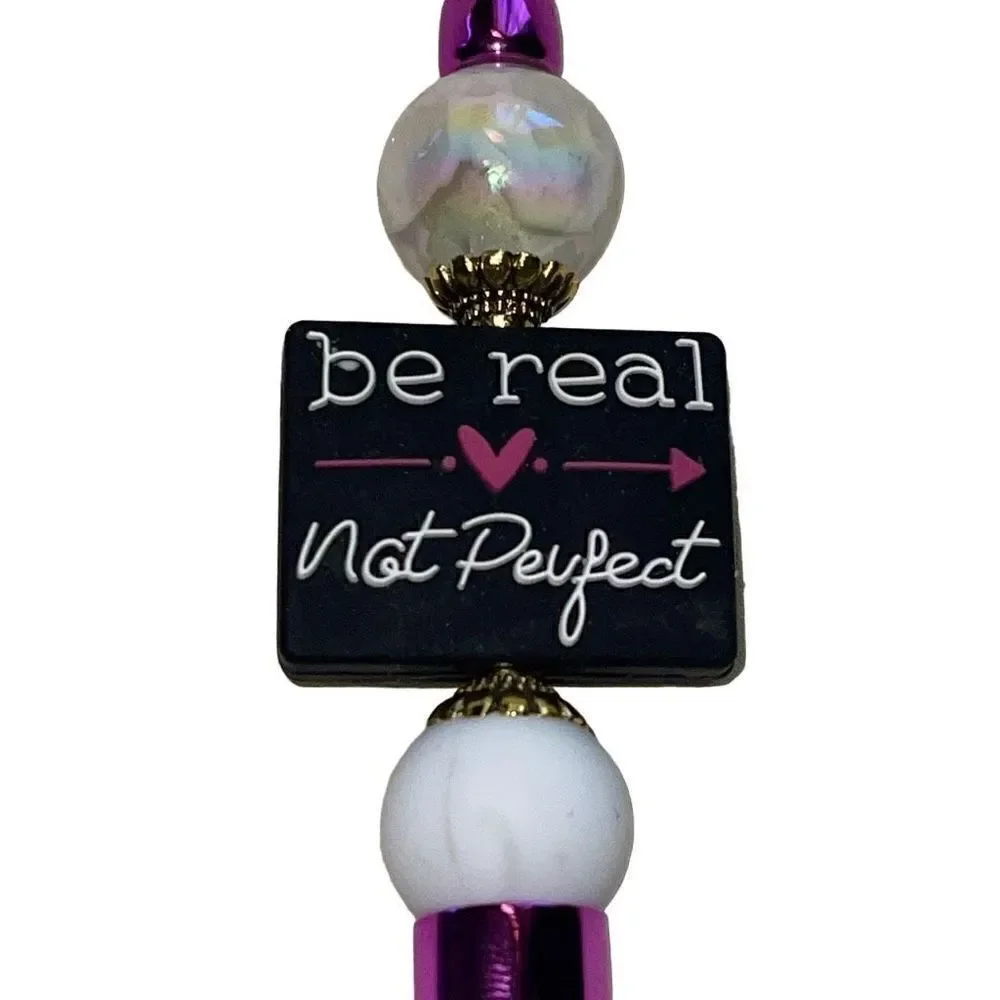 Be real, not perfect beaded pen handmade black pink white metallic bling NEW